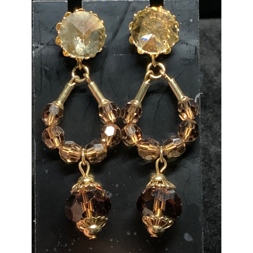 Gold Tone Amber Champagne Crystal Beaded Teardrop Dangle Earrings Stud Post